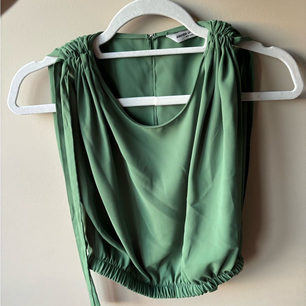 Amanda Uprichard Green Crop Blouse with Cinched Tie Strings